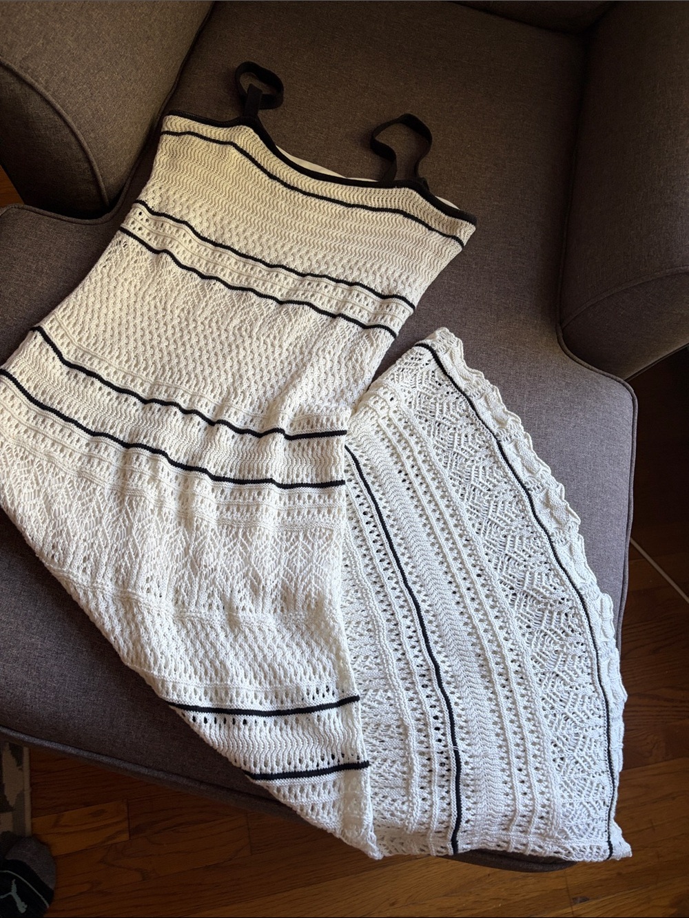 Abercrombie & Fitch White Crochet Maxi Dress with Black Stripes
